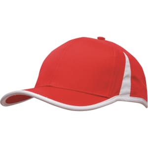 A red cap with white trim and a curved brim, featuring a logo on the front.