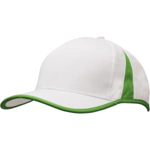 A white cap with green trim and accents, featuring a curved brim and a logo on the front.