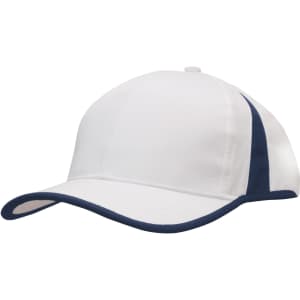 A white cap with navy trim and inserts, featuring a rounded peak and a structured design. It has a logo.