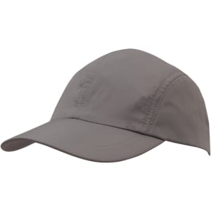 A grey cap with a curved brim and a logo on the front.
