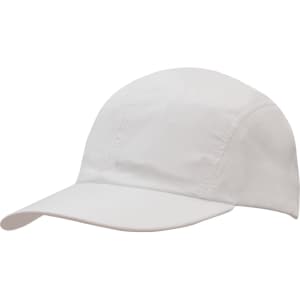 A white sports cap with a curved brim, made from lightweight fabric, featuring a logo on the side.