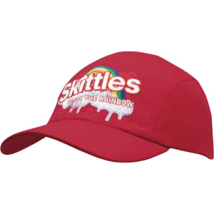 A red cap with an embroidered logo and a rainbow design, featuring a logo on the front.