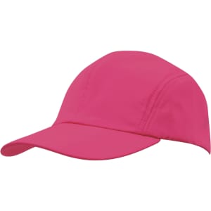 A pink sports cap with a structured design and a curved brim, featuring a logo on the side.