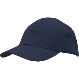 A navy blue cap with a curved peak and a structured design, featuring a logo on the side.