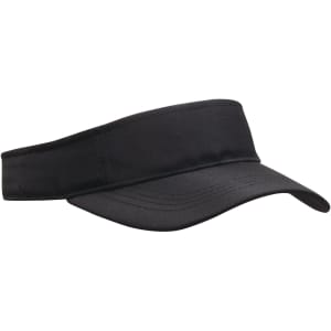 A black sports visor with a wide brim and an adjustable strap, featuring a logo on the side.