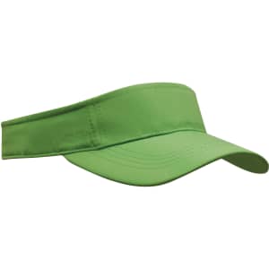 A green sports visor with a wide brim and adjustable band, featuring a logo on the side.