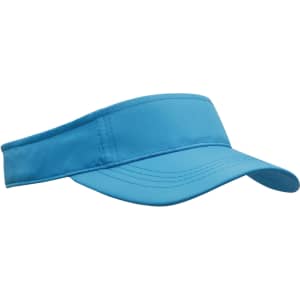 A blue sports visor with a wide brim and an adjustable band, featuring a logo on the side.