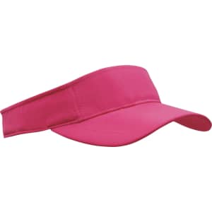 A pink sports visor with a wide brim and an adjustable band, featuring a logo on the side.