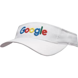 A white sports visor featuring colourful lettering and a logo on the front.