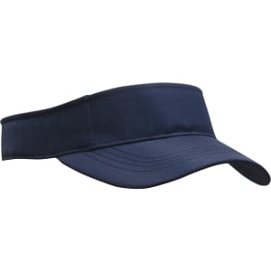 A navy sports visor with a wide brim and an adjustable strap, featuring a logo on the side.