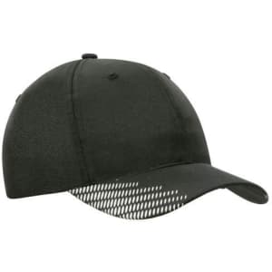 A black cap featuring breathable poly twill material with a mesh peak for ventilation. It includes a logo.