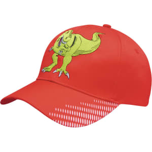 A red cap featuring a green dinosaur design and a gradient print on the peak. It has a branding logo.