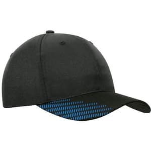A black cap featuring a blue peak with a flash print design and a logo on the side.