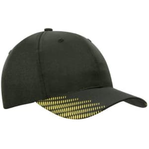 A black cap featuring a yellow peak with a flash print design and a branding logo.