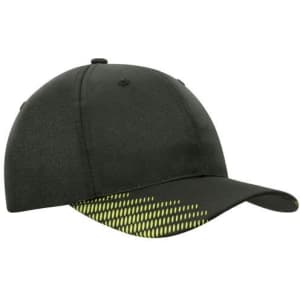 A black cap featuring a peak with a vibrant yellow flash print design and a logo.