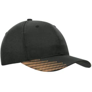 A black cap featuring a peak with a breathable poly twill design in orange. It includes a logo.