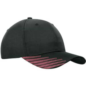 A black baseball cap featuring a pink peak with a repeating dot pattern and a logo on the side.