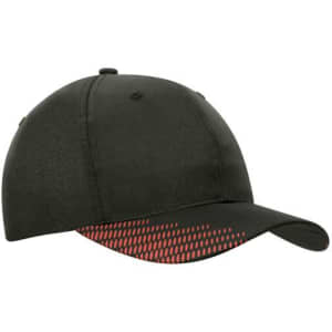 A black cap featuring a peak with red flash print and a logo on the side.