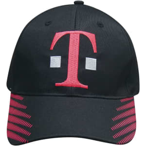 A black cap with a pink logo and striped accents, featuring a breathable poly twill material.