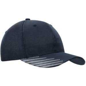 A navy cap with a breathable mesh panel and curved peak, featuring a logo on the front.