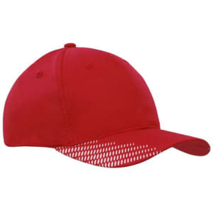 A red cap featuring a breathable mesh design on one side and a curved peak. It includes a logo on the front.