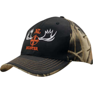 A black and camouflage cap featuring a logo with antlers and the word "HUNTER" in orange.