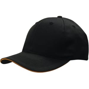 A black cap with a sandwich visor design and a logo on the front. Suitable for headwear.
