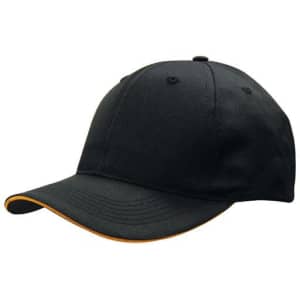 A black cap with sandwich trim in orange, featuring a rounded crown and curved brim. It has a logo on the front.