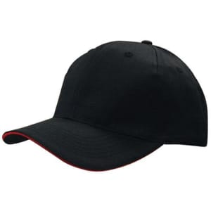 A black cap with a red sandwich trim and a logo on the front.