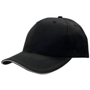 A black cap featuring a sandwich trim, made of breathable poly twill, with a curved brim and a logo.