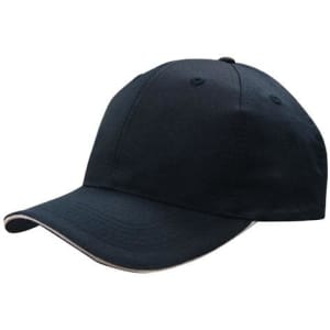 A navy cap with a sandwich trim, featuring a structured design and a logo on the front.