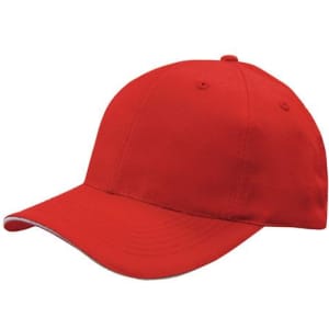 A red cap with a sandwich trim around the brim and a logo on the front.