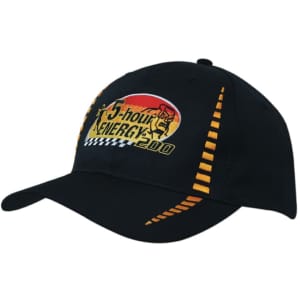 A black cap featuring a small check pattern and a logo on the front. It has a curved brim and embroidered details.