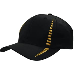 A black cap with small check pattern detailing and a logo, featuring yellow stitching accents.