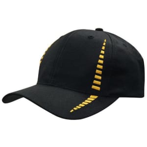 A black cap featuring a small check pattern with yellow detailing and a logo.