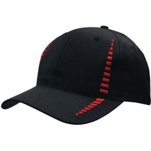 A black cap featuring red stitching detail and a structured peak, with a logo on the side.