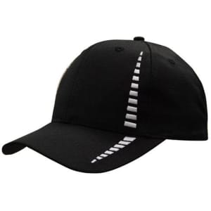 A black cap featuring a distinctive white stripe design, complete with a logo on the front.