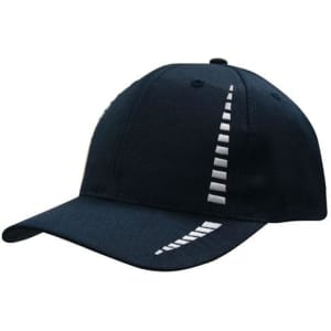 A navy blue cap featuring a unique design on the front and a logo on the side.