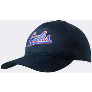 A navy blue breathable poly twill cap featuring an embroidered logo. The cap has a curved brim and a structured design.