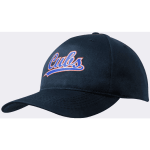 A navy blue poly twill cap featuring a logo and curved brim.