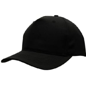 A black breathable poly twill cap with a curved brim and a structured design, featuring a logo.