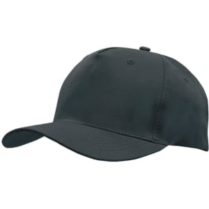 A breathable poly twill cap in dark grey, featuring a curved brim and a button on top. Includes a logo.