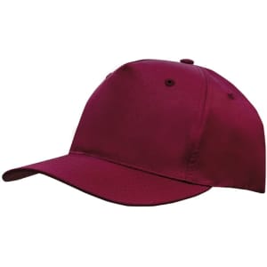 A breathable poly twill cap in a rich burgundy colour featuring a logo.