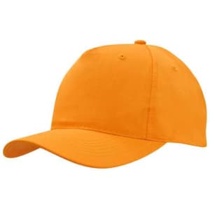 A breathable poly twill cap in vibrant orange with a curved brim and a structured shape. Features a logo on the side.
