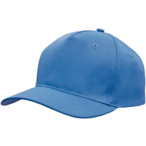 A blue breathable poly twill cap with a curved brim and an attached logo.