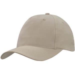 A breathable poly twill cap in a light beige colour with a rounded crown and curved brim. Features a logo.