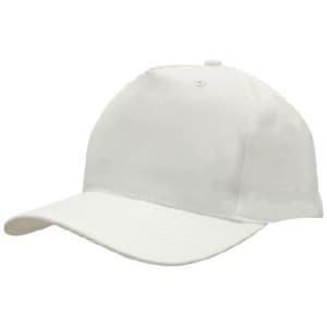 A white breathable poly twill cap with a curved brim and a logo on the front.
