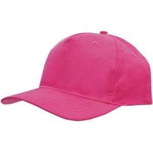 A pink breathable poly twill cap featuring a rounded crown and a curved brim, with a logo on the front.