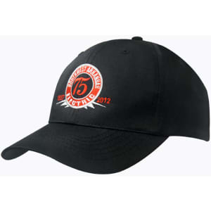 A black breathable poly twill cap featuring a circular logo with numbers and text, positioned at the front.