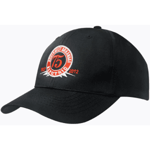 A black breathable poly twill cap featuring a circular logo design in red and white.